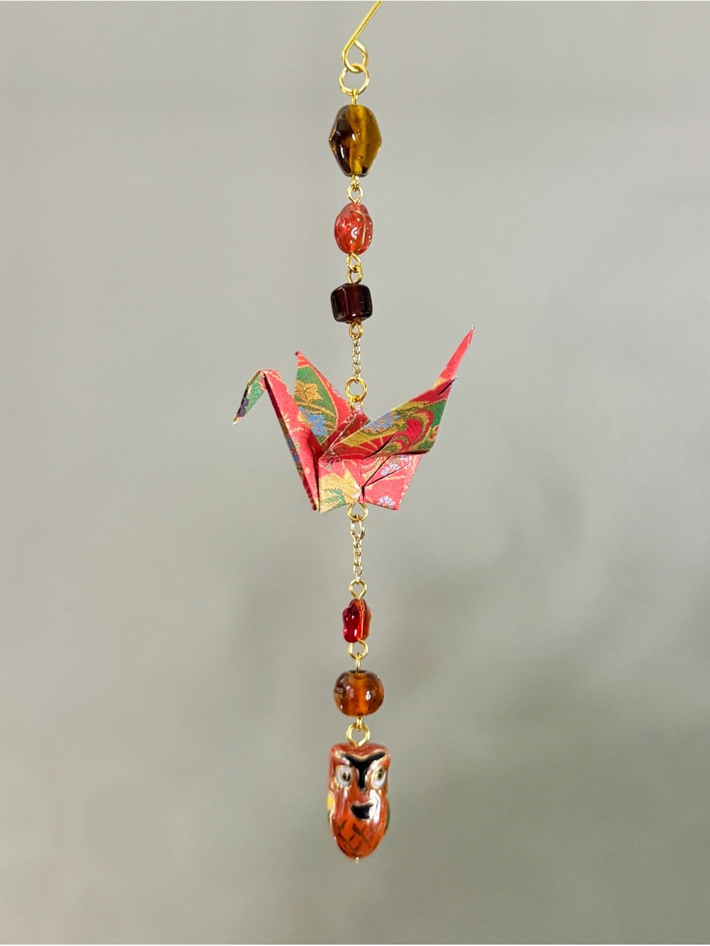 Origami Ornament #2552 - Small Crane with Glass Beads and Ceramic Owl